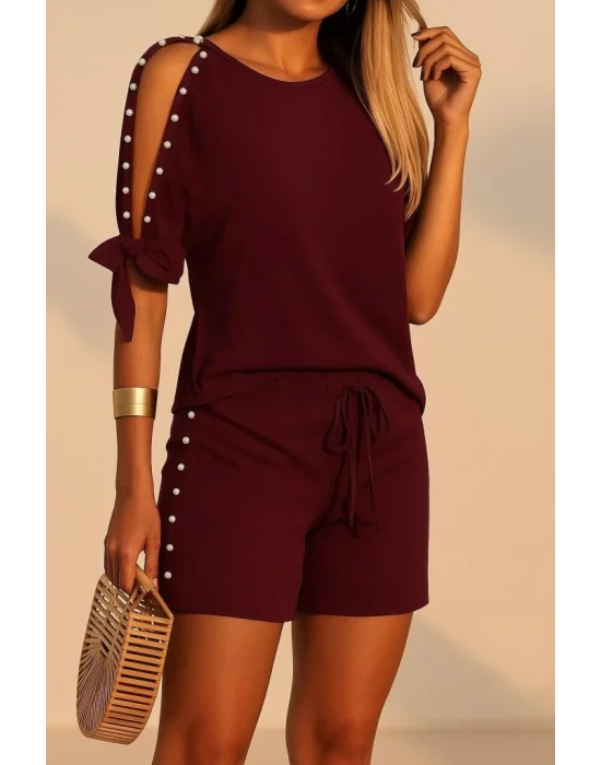 Kadın Kısa Kollu Bisiklet Yaka Yarı Açık Omuz Inci Detaylı Short T-shirt Viskon Ikili Takım