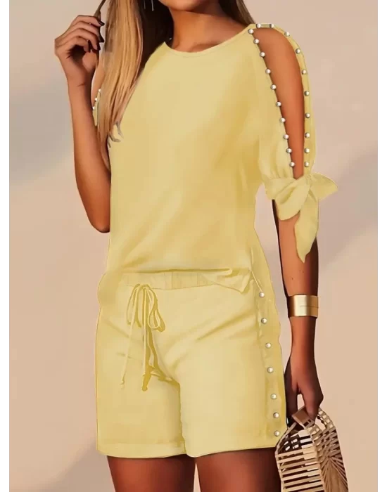 Kadın Kısa Kollu Bisiklet Yaka Yarı Açık Omuz Inci Detaylı Short T-shirt Viskon Ikili Takım