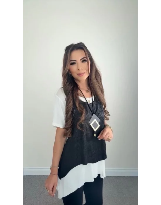 Kadın Kısa Kollu Bisiklet Yaka Yelek Bluz Asimetrik Kesim İkili Takım