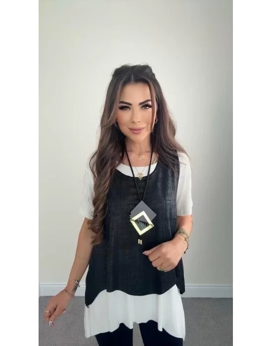 Kadın Kısa Kollu Bisiklet Yaka Yelek Bluz Asimetrik Kesim İkili Takım