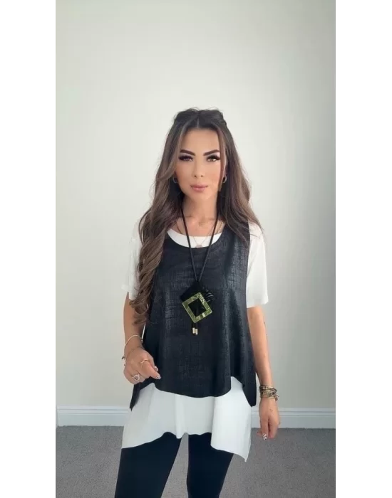 Kadın Kısa Kollu Bisiklet Yaka Yelek Bluz Asimetrik Kesim İkili Takım
