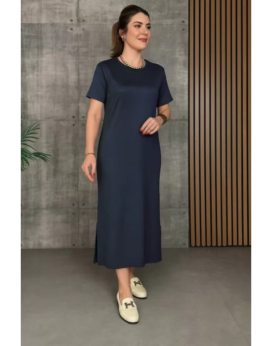 Kadın Kısa Kollu Bisiklet Yaka Yırtmaçlı Viskon Iki Iplik Elbise