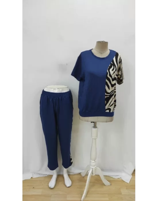 Kadın Kısa Kollu Bisiklet Yaka Zebra Desen Bluz Ve Pantolon Ikili Takım
