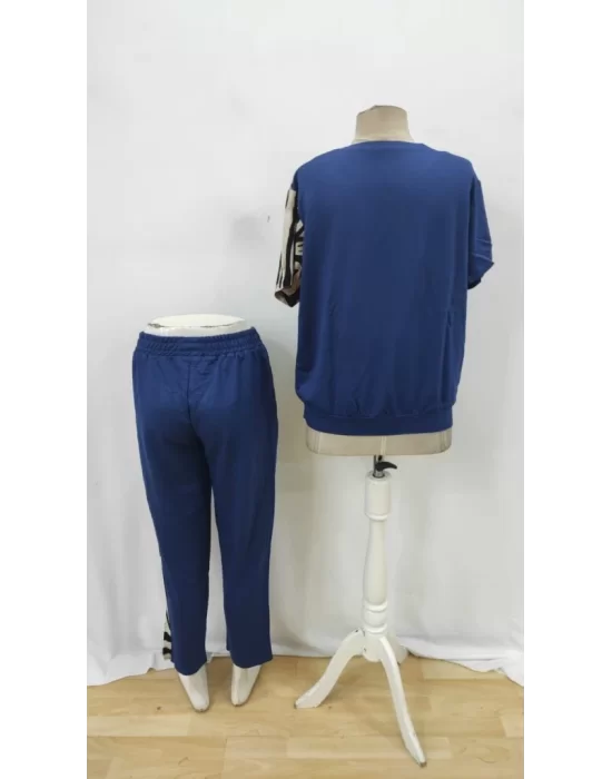 Kadın Kısa Kollu Bisiklet Yaka Zebra Desen Bluz Ve Pantolon Ikili Takım