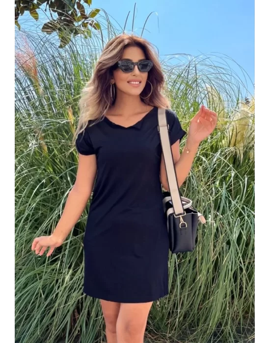 Kadın Kısa Kollu çentikli Yaka Viskon Mini Elbise
