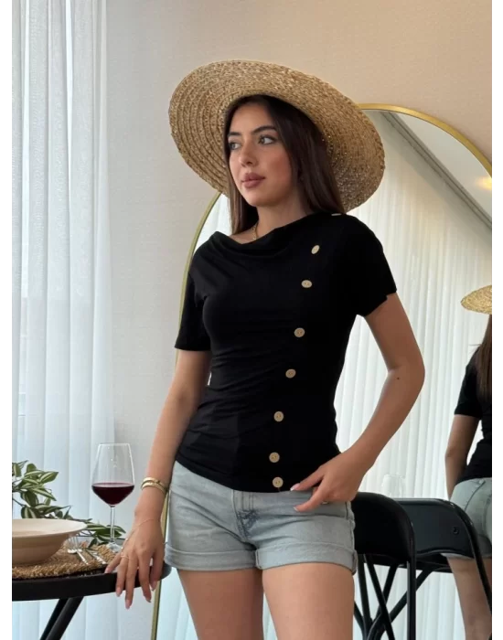 Kadın Kısa Kollu Degaje Yaka Düğme Detay Viskon Bluz