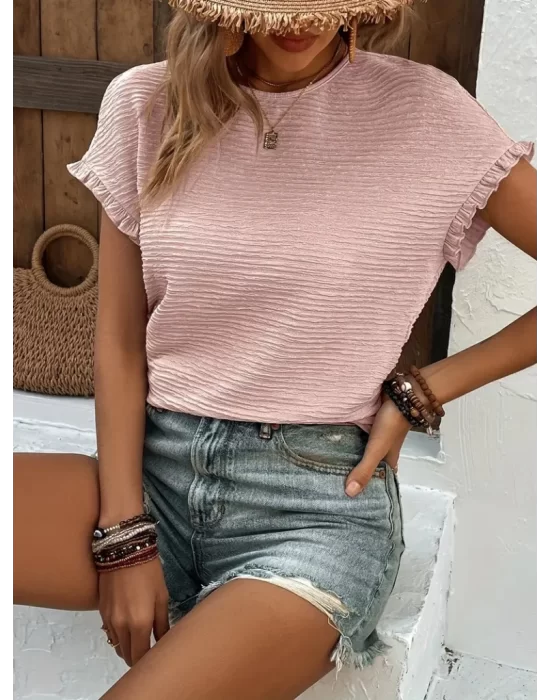 Kadın Kısa Kollu Fırfır Detay Bisiklet Yaka Bürümcük Bluz