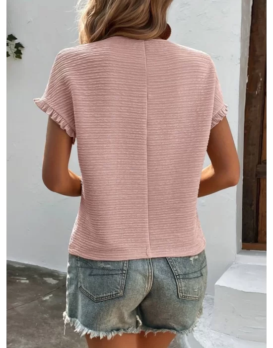 Kadın Kısa Kollu Fırfır Detay Bisiklet Yaka Bürümcük Bluz