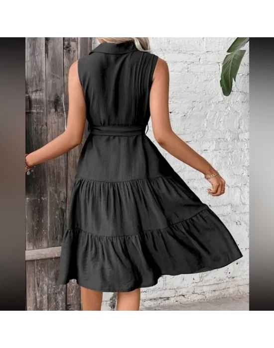 Kadın Kısa Kollu Gömlek Yaka Düğmeli Beli Kuşaklı Katlı Dokuma Midi Elbise