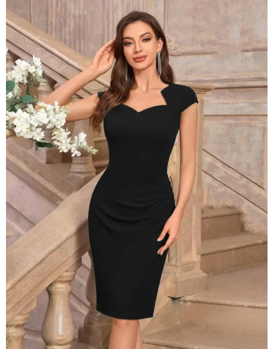 Kadın Kısa Kollu Kalp Yaka Drape Detay Ithal Krep Elbise