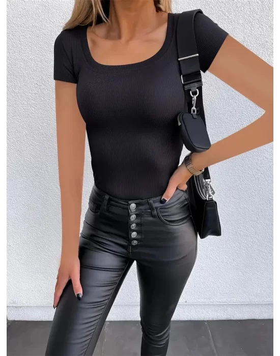 Kadın Kısa Kollu Kare Yaka Basic Kaşkorse Bluz