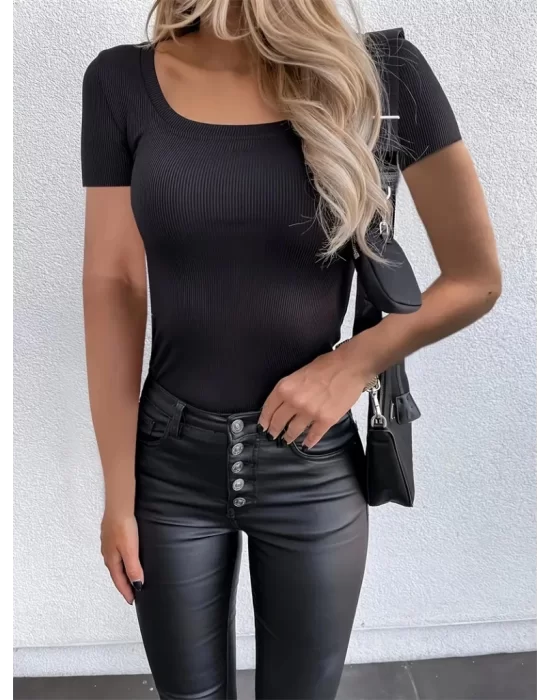 Kadın Kısa Kollu Kare Yaka Basic Kaşkorse Bluz