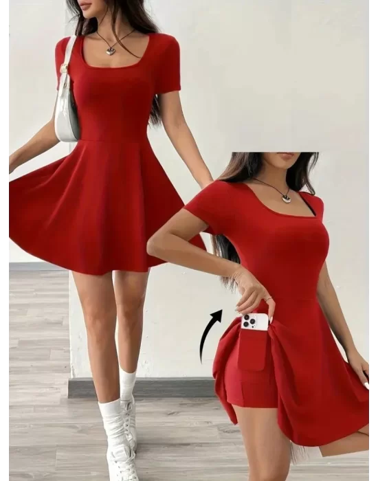 Kadın Kısa Kollu Kare Yaka Short Detaylı Cepli Dalgıç Elbise