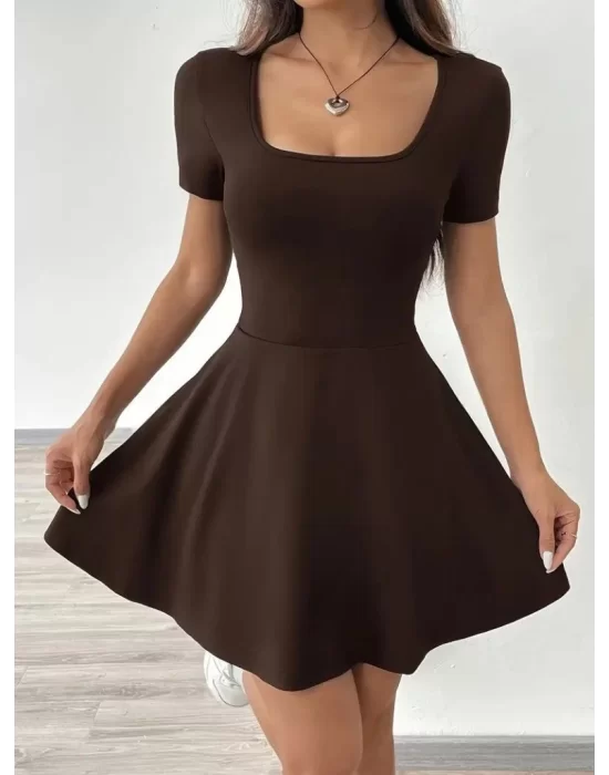 Kadın Kısa Kollu Kare Yaka Short Detaylı Cepli Dalgıç Elbise