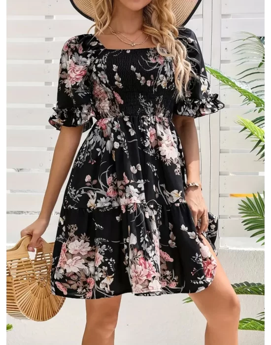 Kadın Kısa Kollu Kare Yakalı Beli Lastikli Kısa Süprem Elbise