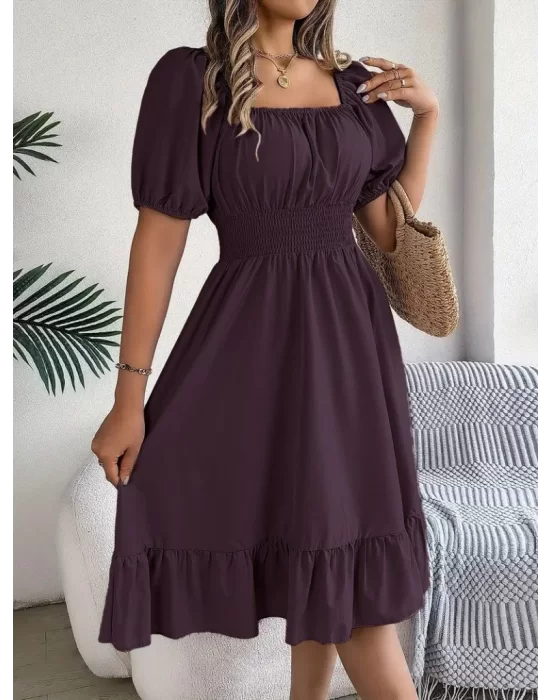 Kadın Kısa Kollu Kare Yakalı Beli Lastikli Kısa Trikoton Elbise