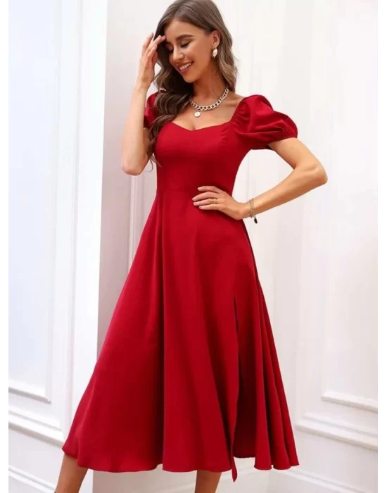 Kadın Kısa Kollu Kare Yakalı Yırtmaçlı Midi Janjan Krep Elbise