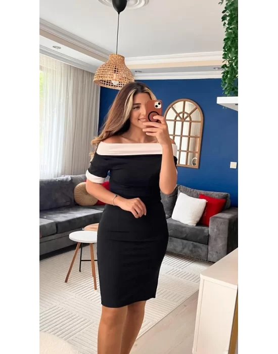 Kadın Kısa Kollu Kayık Yaka Arkadan Yakalı Ithal Krep Elbise