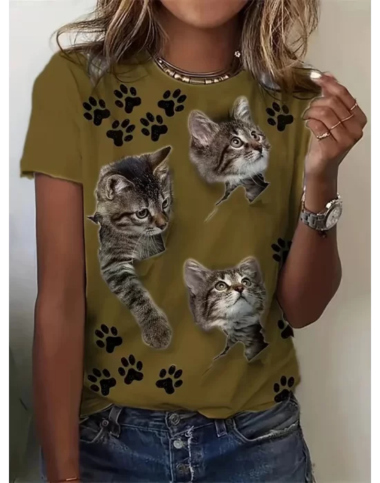Kadın Kısa Kollu Kedi Ve Pati Baskılı Süprem T-shirt