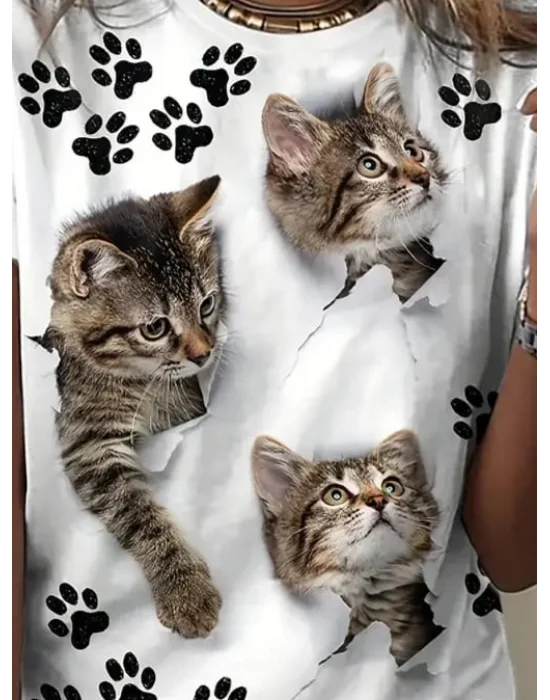Kadın Kısa Kollu Kedi Ve Pati Baskılı Süprem T-shirt