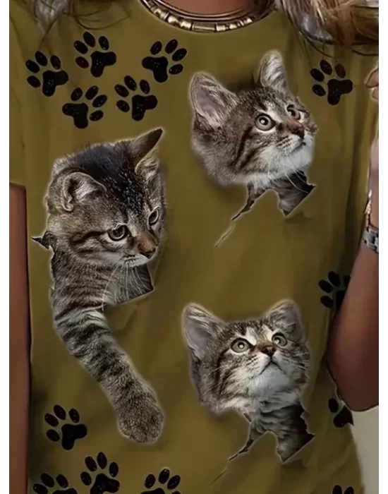 Kadın Kısa Kollu Kedi Ve Pati Baskılı Süprem T-shirt