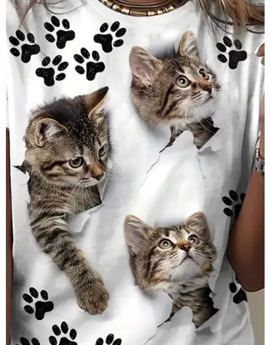 Kadın Kısa Kollu Kedi Ve Pati Baskılı Süprem T-shirt