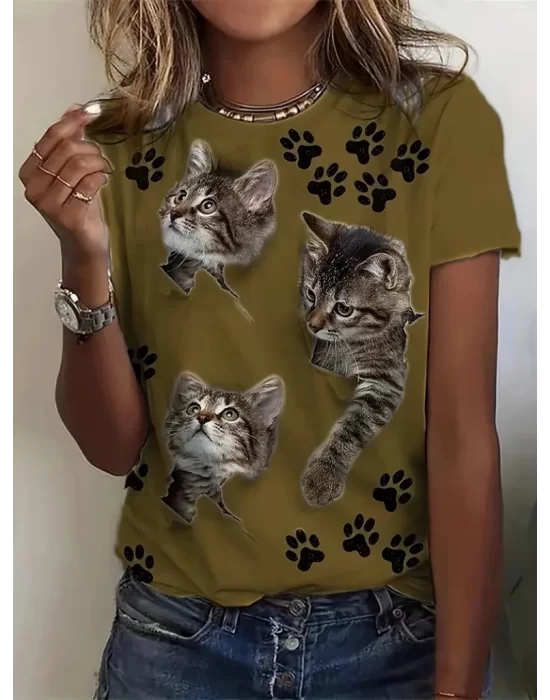 Kadın Kısa Kollu Kedi Ve Pati Baskılı Süprem T-shirt