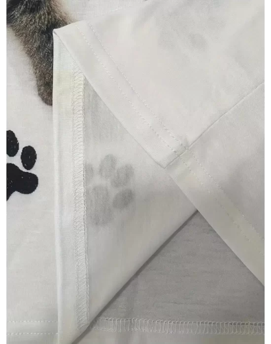 Kadın Kısa Kollu Kedi Ve Pati Baskılı Süprem T-shirt