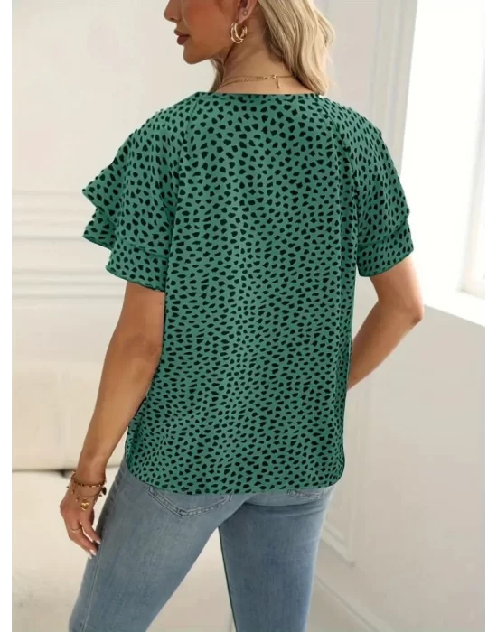 Kadın Kısa Kollu Kolları Volanlı Baskılı Süprem Bluz