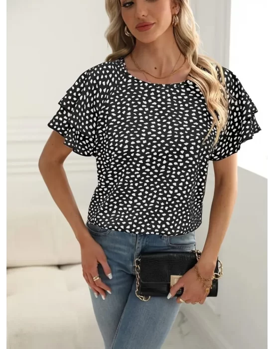 Kadın Kısa Kollu Kolları Volanlı Baskılı Süprem Bluz