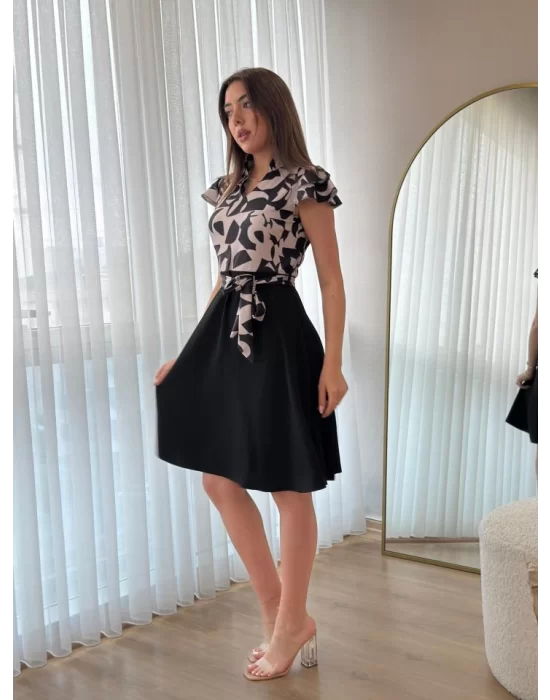 Kadın Kısa Kollu Kolu Fırfır Detay Mini Kuşaklı Kloş Krep Elbise