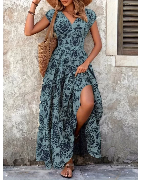 Kadın Kısa Kollu Kruvaze Yaka Beli Lastikli Süprem Maksi Boy Elbise