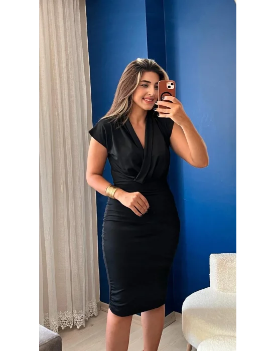 Kadın Kısa Kollu Kruvaze Yaka Krep Elbise (Kemersiz)