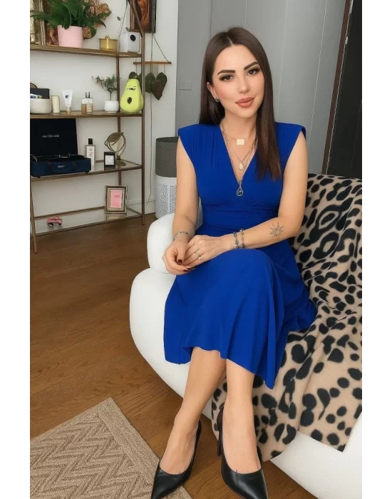Kadın Kısa Kollu Kruvaze Yakalı Bel Korsajı Buzgulu Midi Janjan Krep Elbise
