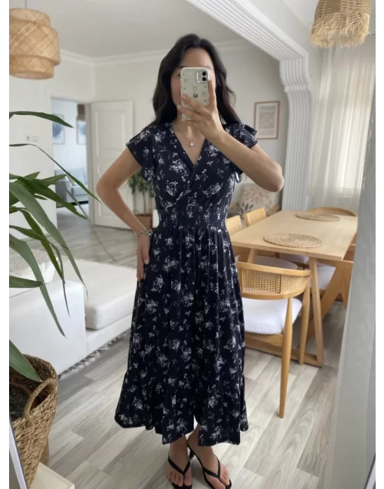 Kadın Kısa Kollu Kruvaze Yakalı Beli Lastikli çiçek Desenli Elbise