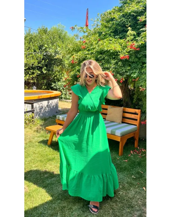 Kadın Kısa Kollu Kruvaze Yakalı Beli Lastikli Müslim Elbise