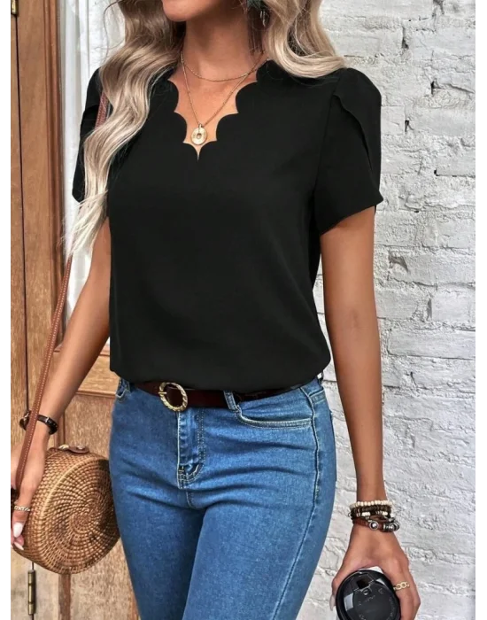 Kadın Kısa Kollu Lazer V Yakalı Ithal Krep Bluz