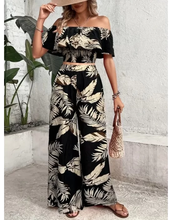 Kadın Kısa Kollu Madonna Fırfır Yaka Crop Süprem Bluz Ve Pantolon Ikili Takım