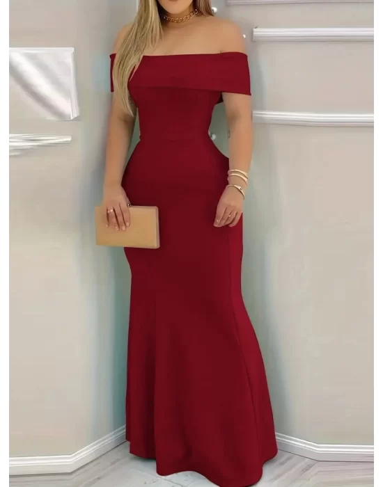Kadın Kısa Kollu Madonna Yaka Belden Oturtmalı Uzun Ithal Krep Elbise
