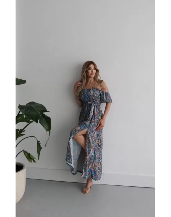 Kadın Kısa Kollu Madonna Yaka Fırfırlı Belden Yırtmaçlı Maksi Süprem Elbise