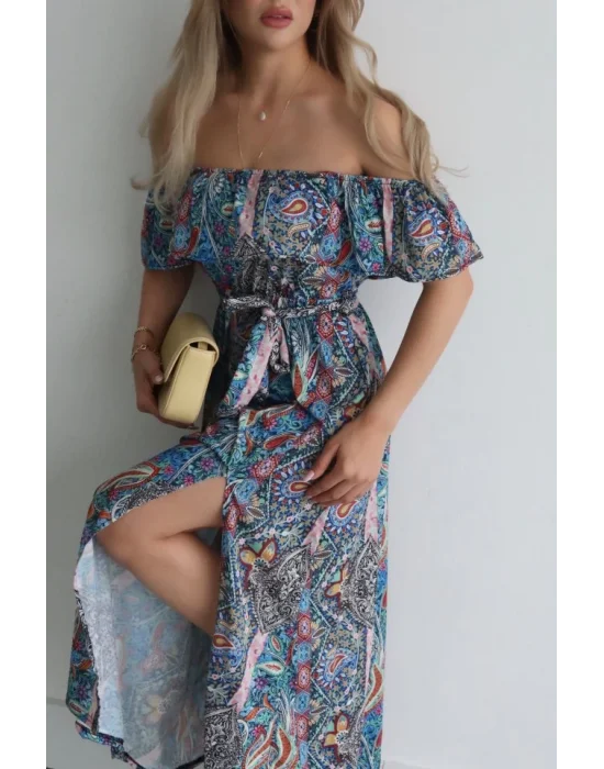 Kadın Kısa Kollu Madonna Yaka Fırfırlı Belden Yırtmaçlı Maksi Süprem Elbise