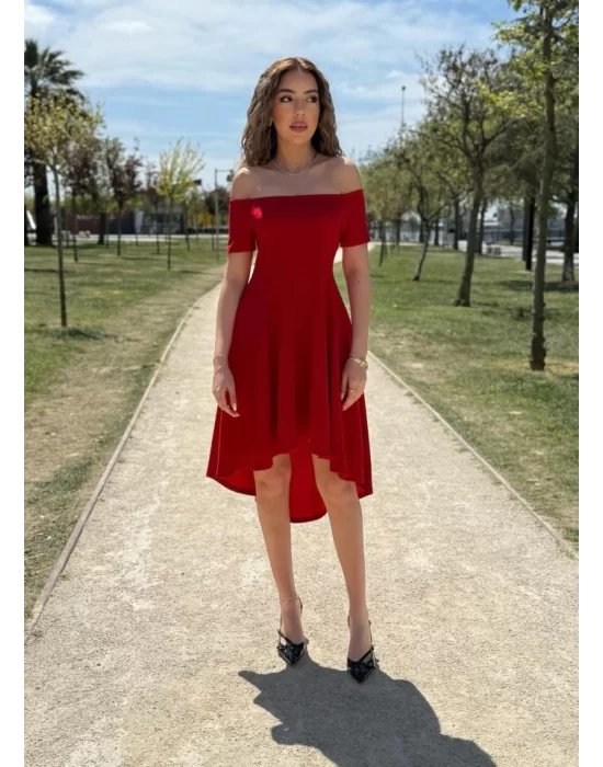 Kadın Kısa Kollu Madonna Yaka önü Kısa Arkası Uzun Ithal Krep Elbise