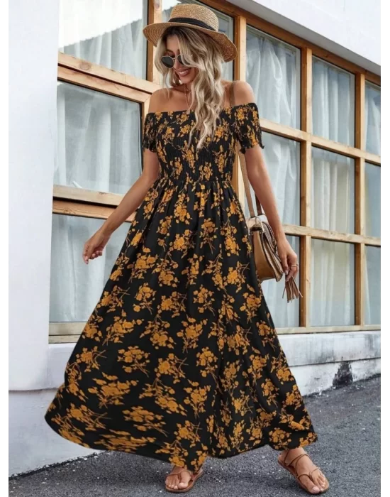 Kadın Kısa Kollu Madonna Yaka Yırtmaçlı çiçek Desenli Süprem Elbise