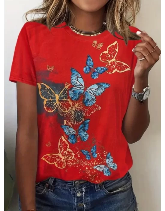 Kadın Kısa Kollu Mavi Sarı Kelebek Baskı Süprem Bluz