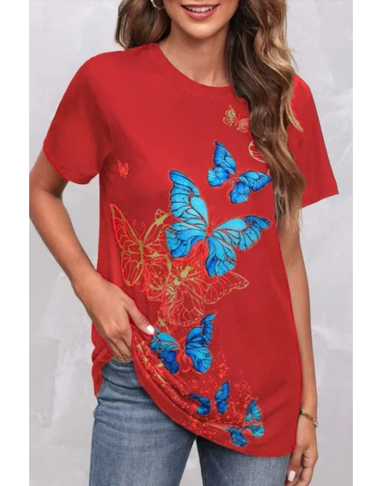 Kadın Kısa Kollu Mavi Sarı Kelebek Baskı Süprem Bluz