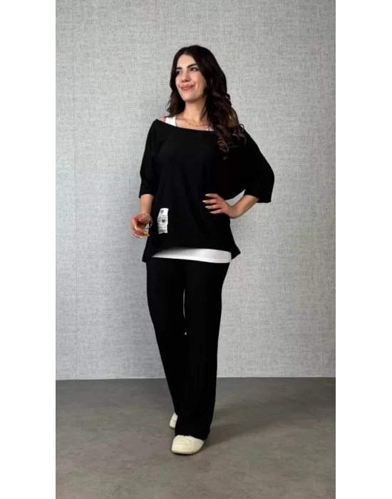 Kadın Kısa Kollu Omuzlardan Açık Yarasa Kollu Bürümcük Bluz Ve Pantolon Ve Viskon Atlet