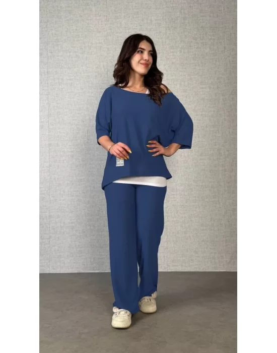 Kadın Kısa Kollu Omuzlardan Açık Yarasa Kollu Bürümcük Bluz Ve Pantolon Ve Viskon Atlet