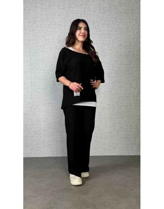 Kadın Kısa Kollu Omuzlardan Açık Yarasa Kollu Bürümcük Bluz Ve Pantolon Ve Viskon Atlet