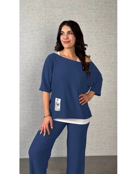 Kadın Kısa Kollu Omuzlardan Açık Yarasa Kollu Bürümcük Bluz Ve Pantolon Ve Viskon Atlet