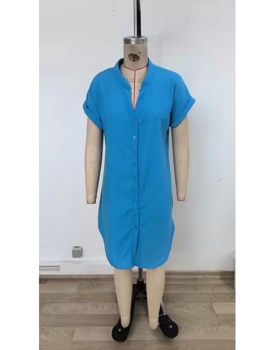 Kadın Kısa Kollu önden Düğmeli Ithal Keten Elbise